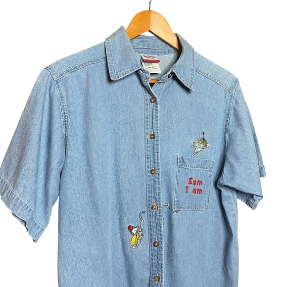 Dr Seuss vintage blue soft,thin,Sam I am denim short sleeve shirt SZ-q14/16 - Picture 3 of 8